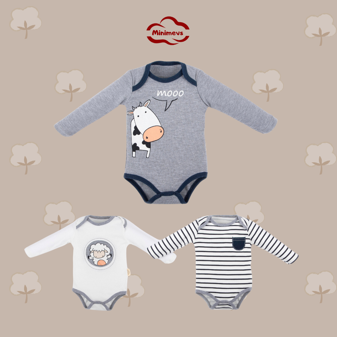 İnek Baskılı Erkek Bebek Üçlü Body